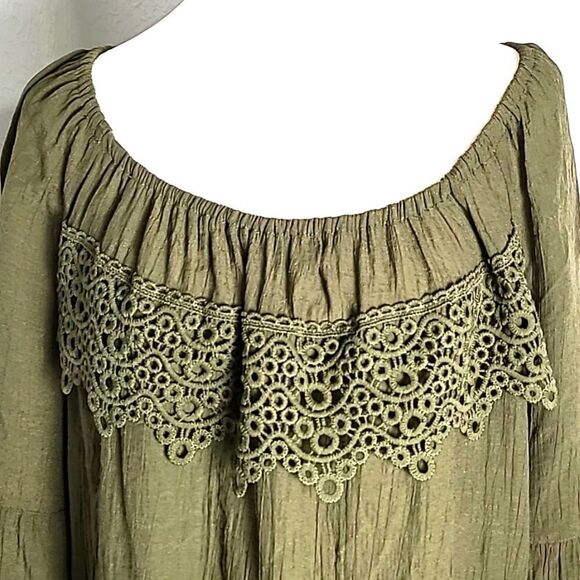 Cato Army Green Embroidered Lace Top with Bell Sleeves, Size  22/24W - Picture 2 of 7